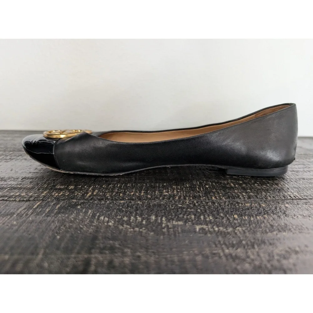 Tory Burch Chelsea Cap Toe Ballet Flats Black‎ Patent Leather Size 7 Gold Logo